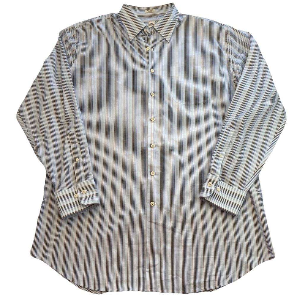 Peter Millar Dress Shirt Men's XLT Blue Brown Stripe Cotton Button Down